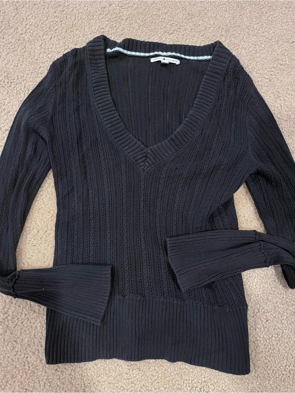 Women’s y2K babydoll style dark blue V-Neck Knit Sweater Tommy Hilfiger large